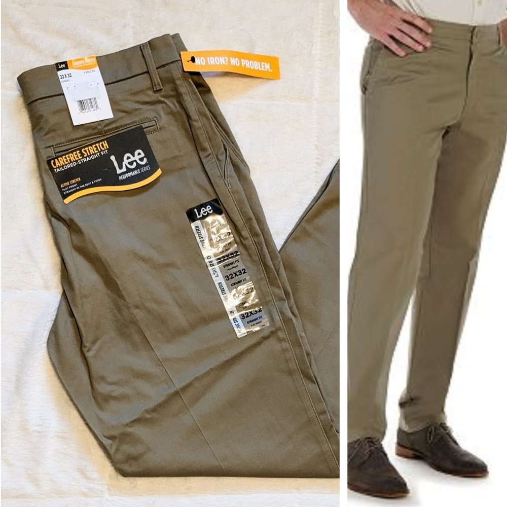 LEE Performance Series Carefree Stretch Straight Flat Front Khaki Chino W32 NWT